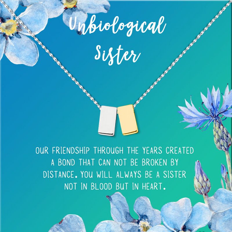 Unbiological Sister Gift Necklace - Soul Sister Card Jewelry for Best Friend, Silver & Gold Double Cube