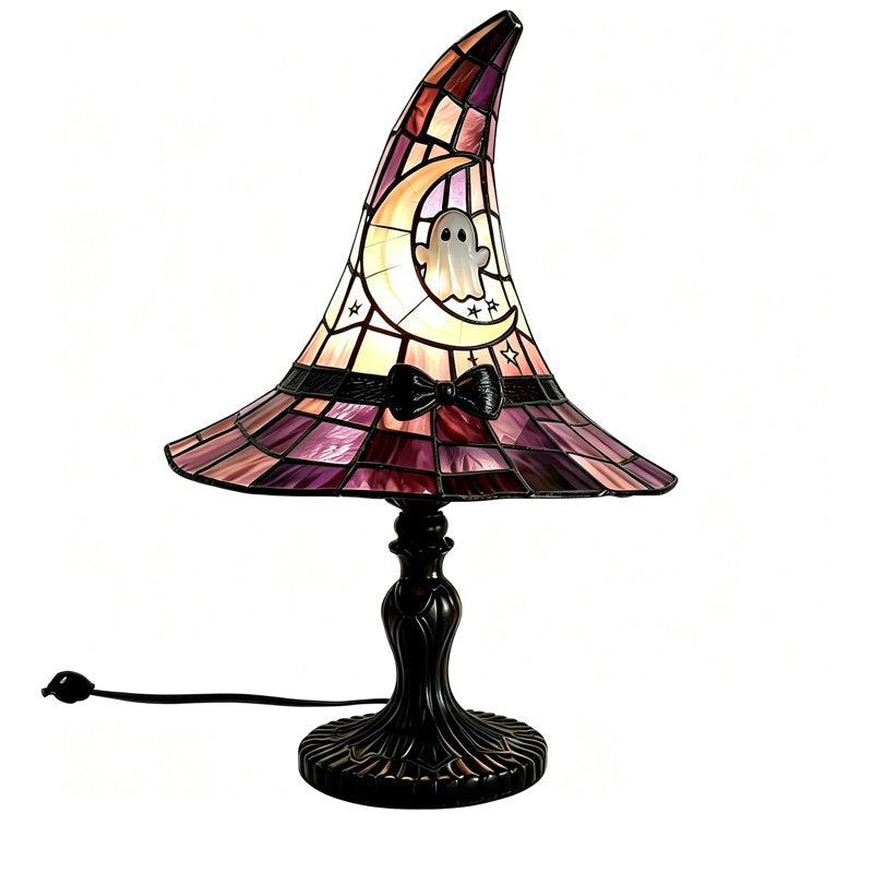 Stained Glass Witch Hat Lamp - Halloween Gothic Table Decor Night Light 11 Inch