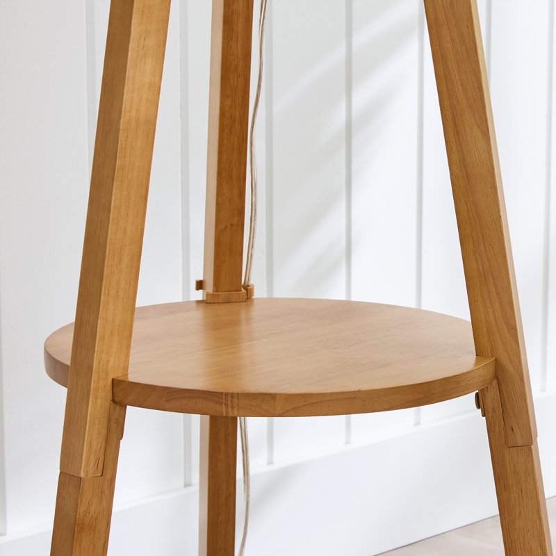 Natural Wood Tripod Floor Lamp with Pleated Shade and Shelf