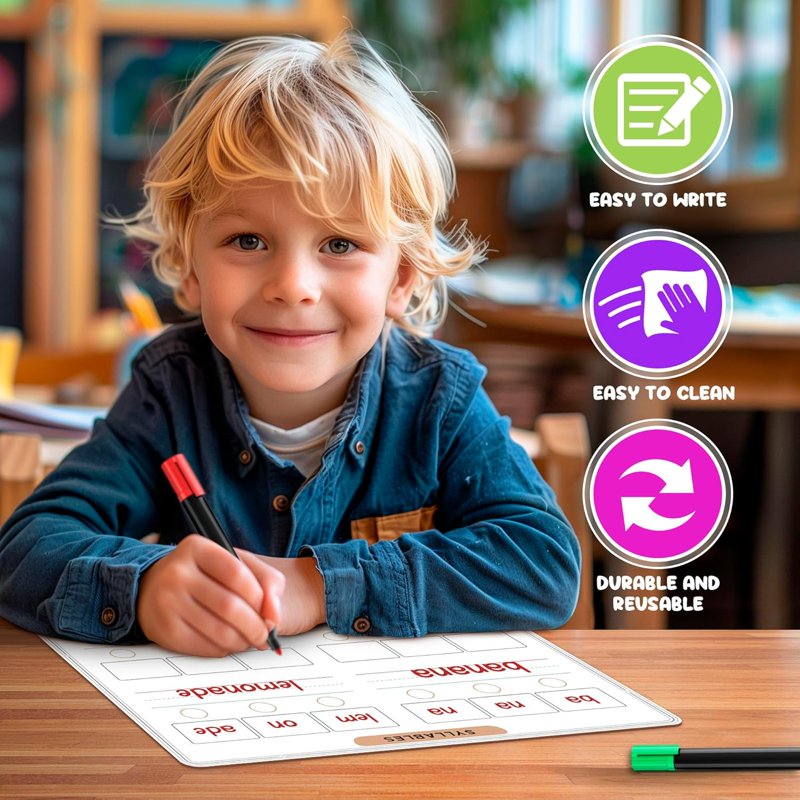Double-Sided Phonics Dry Erase Sheets for Kids 9x12 Inch, Pack of 10