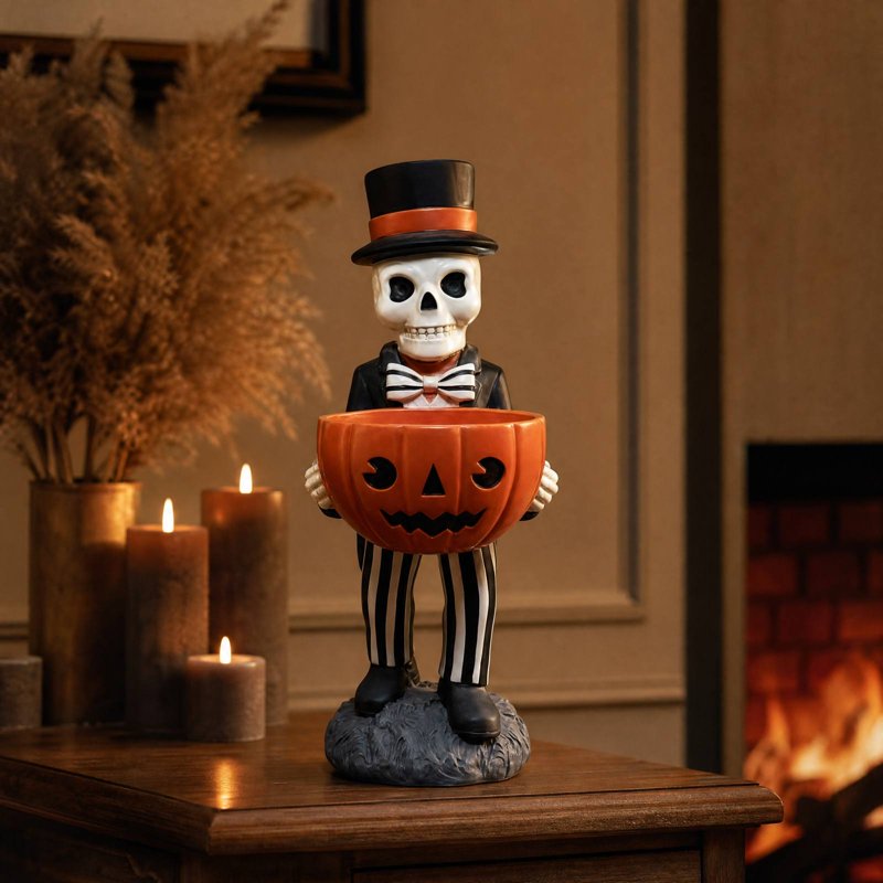 Outdoor Halloween Skeleton Candy Bowl Statue - Resin Pumpkin Dish with Top Hat & Bow Tie, 11 Inch Yard Decor