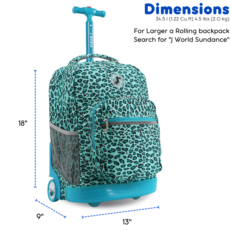 Girls 18-Inch Rolling Backpack for School and Travel - Mint Leopard