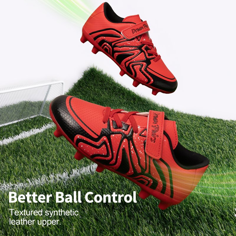 Dream Pairs Kids Soccer Cleats - Boys & Girls Multi-Ground Football Shoes, Red/Black, Strap
