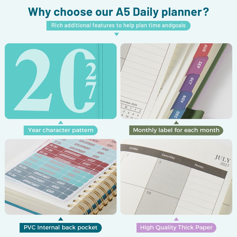 2027 Daily & Monthly Planner with Ruler and Tabs, Spiral Hardcover Calendar Book