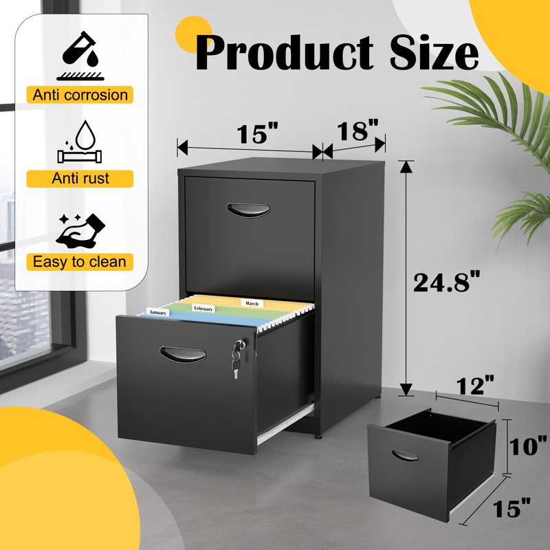Modern 2-Drawer Locking File Cabinet - Vertical Steel Office Storage