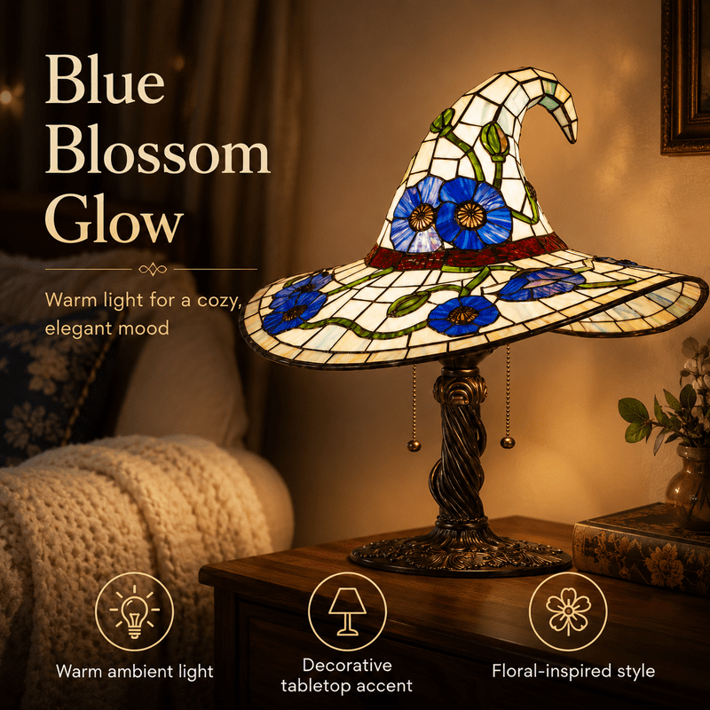 Diceymbol Stained Glass Witch Hat Table Lamp - 8 Inch Gothic Halloween Night Light (Variation S)