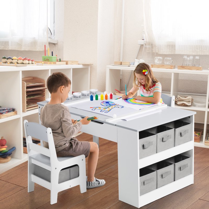 Kids Activity Table and Chair Set with Paper Roll & Storage - Toddler Art & Study Desk