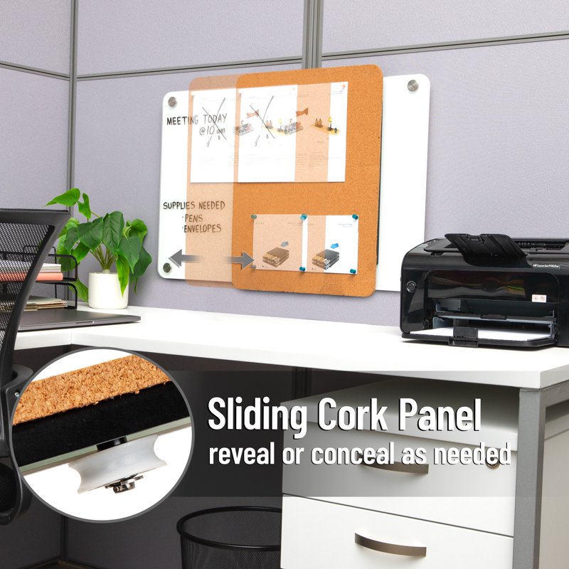Glass Dry Erase Board with Sliding Cork Bulletin Board - 28x19.5 Inches