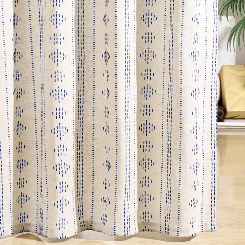 Boho Linen Window Curtains Set - Light Filtering Blue Geometric Stripes, 52x84 Inches, 2 Panels