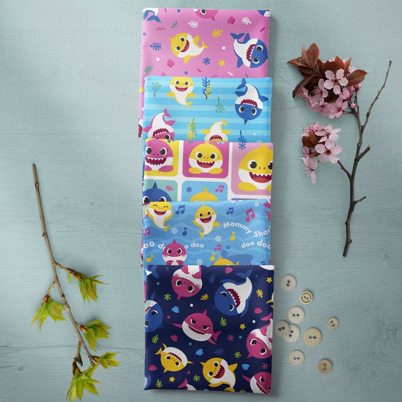 Baby Shark Cotton Fabric Bundle - 18x21 Inches, Multi-Color, 5 Pieces for Quilting & Crafts