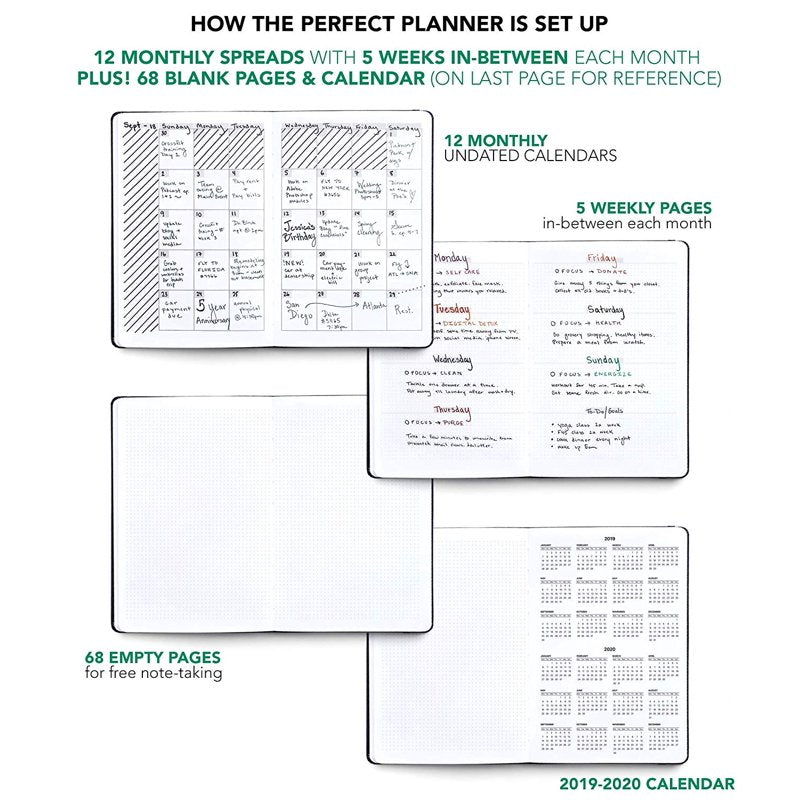 Undated Weekly Monthly Planner with Sticker Set and Bookmark - A5 Personal Organizer, Green Hardcover