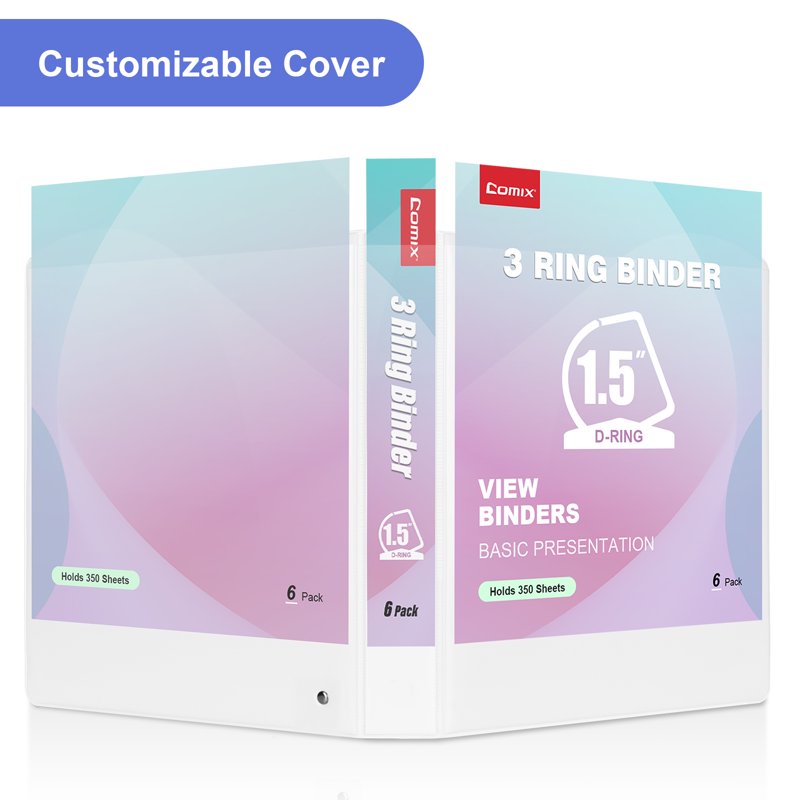 1.5 Inch D-Ring Binder with Clear Cover, Holds 350 Sheets, Pack of 6