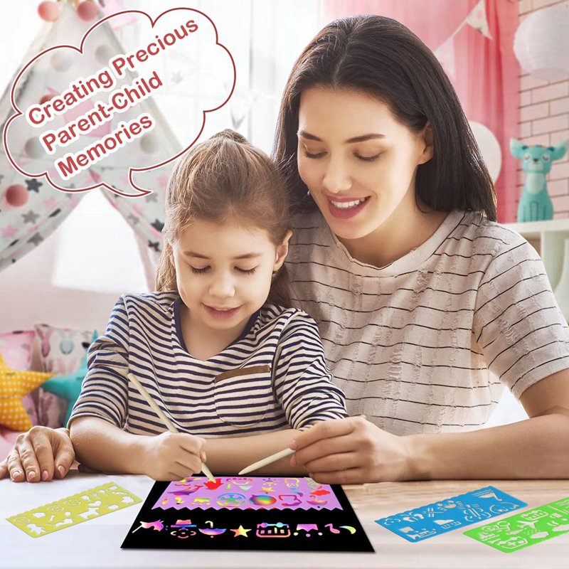 Rainbow Scratch Art Paper Kit for Kids with Wooden Stylus & Stencils