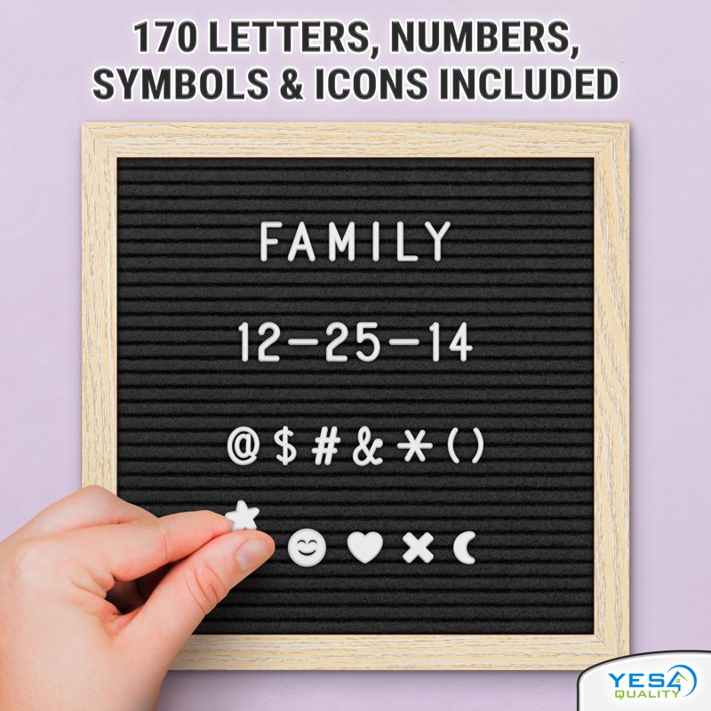 10x10 Inch Felt Letter Board with 170 Letters and Numbers - Black or Gray
