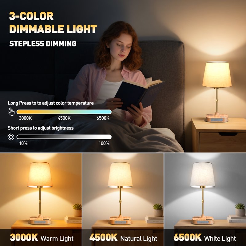 Cordless Dimmable Bedside Table Lamp with USB Port and Fabric Shade