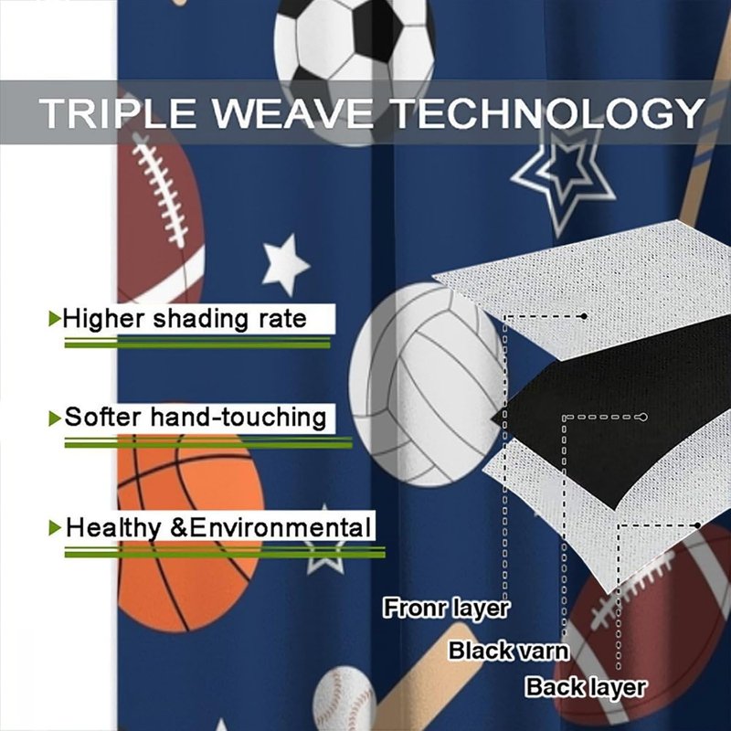 Sports Theme Curtains for Kids Bedroom & Living Room - Cartoon Basketball Football Soccer Print Insulated Drapes, 2 Panels