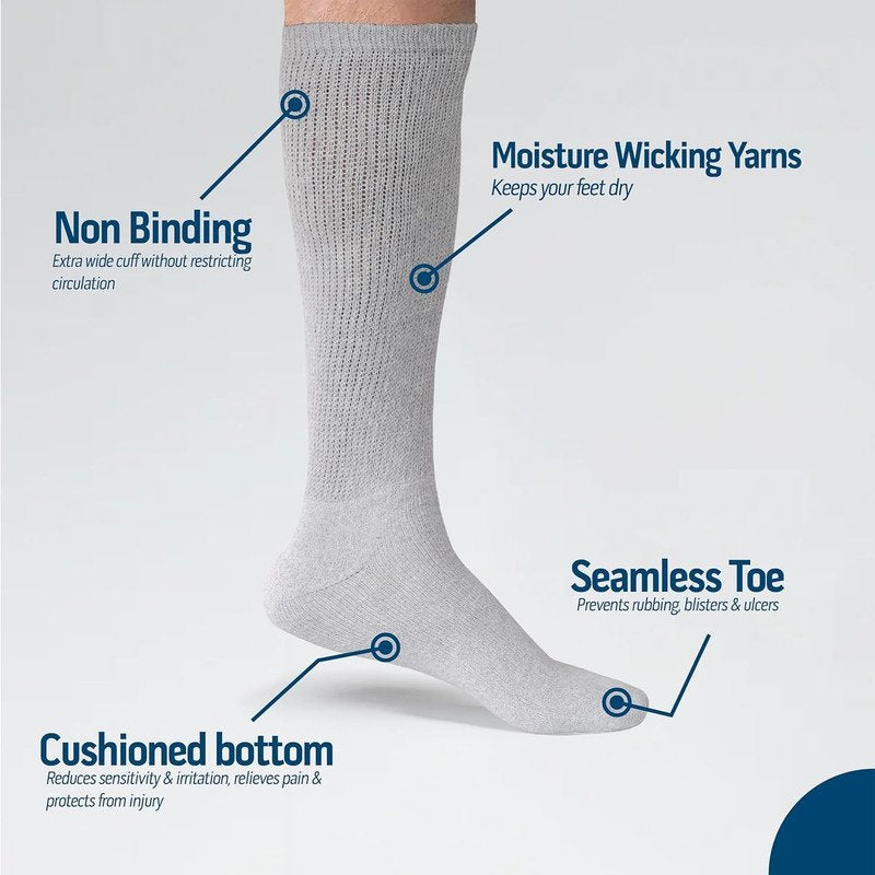 Diabetic Over-the-Calf Knee High Socks - Non-Binding Cushioned Cotton 6 Pairs
