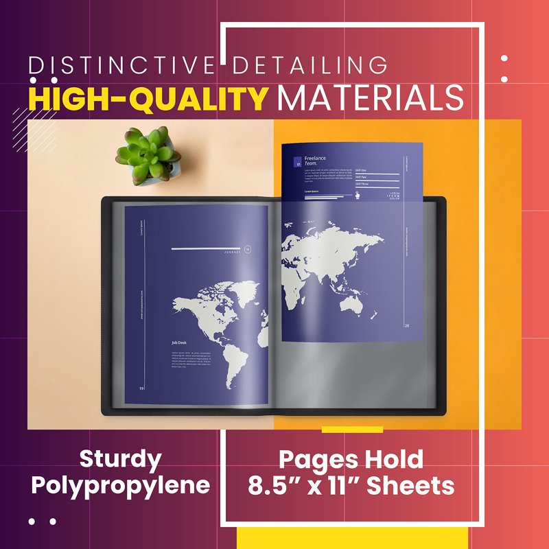 Black Presentation Book with 24 Pocket Pages, Clear Front Cover, 8.5x11 Inches, Durable Poly Cover, Pack of 2