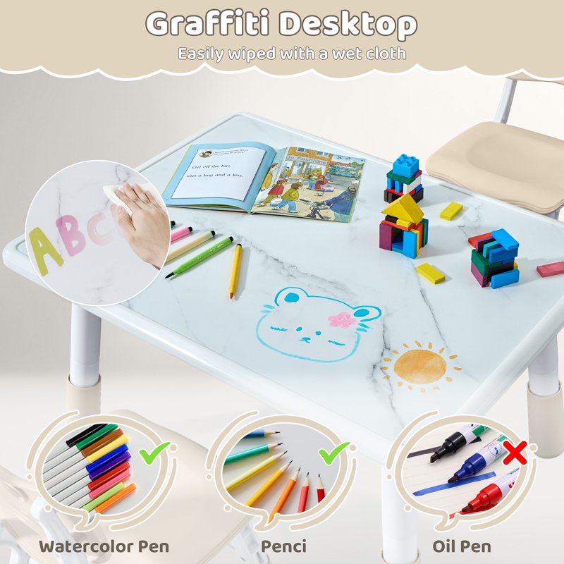 Kids Adjustable Height Activity Table and Chair Set - Marble Pattern, 3 Pieces