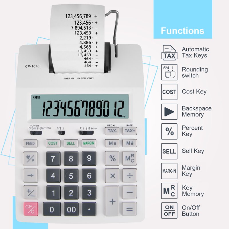 Thermal Printing Calculator with Large LCD, 12-Digit Count, Paper Roll, Type-C Charge