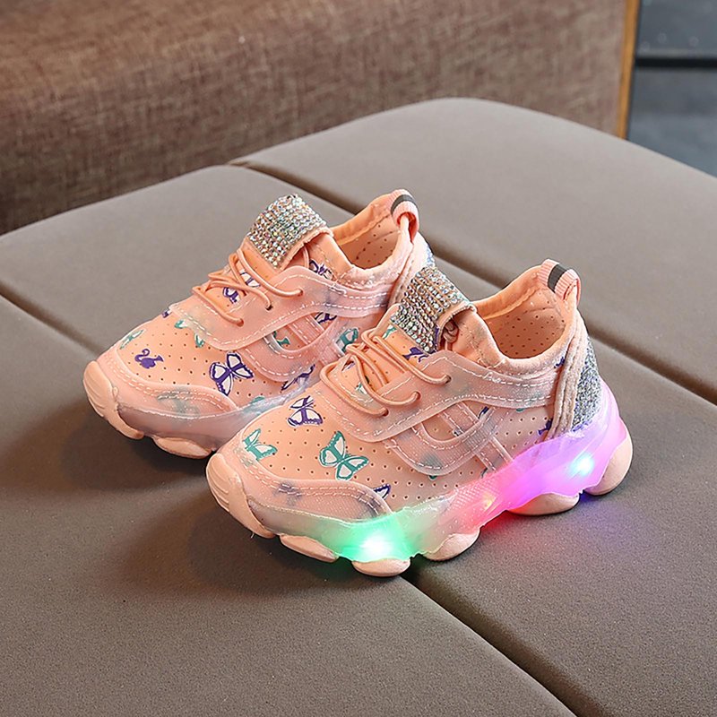 Kids Light-Up Breathable Canvas Sneakers with Butterfly Print, Size 6