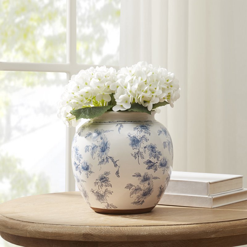 Farmhouse Blue Floral Ceramic Vase 8 Inch Round Indoor Decor