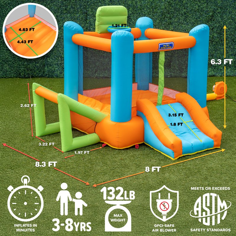 Sportspower My 1st 4-in-1 Inflatable Bounce House with Blower, Soccer Goal & Basketball Hoop