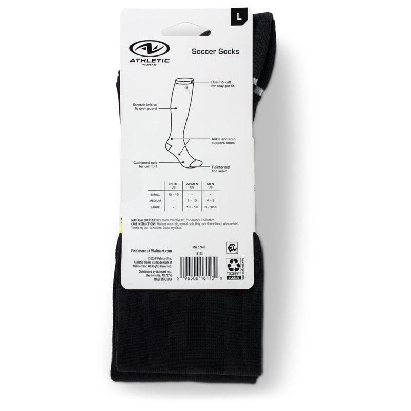 Athletic Works Soccer Socks 2 Pack - Black, Large 8-12.5, Unisex