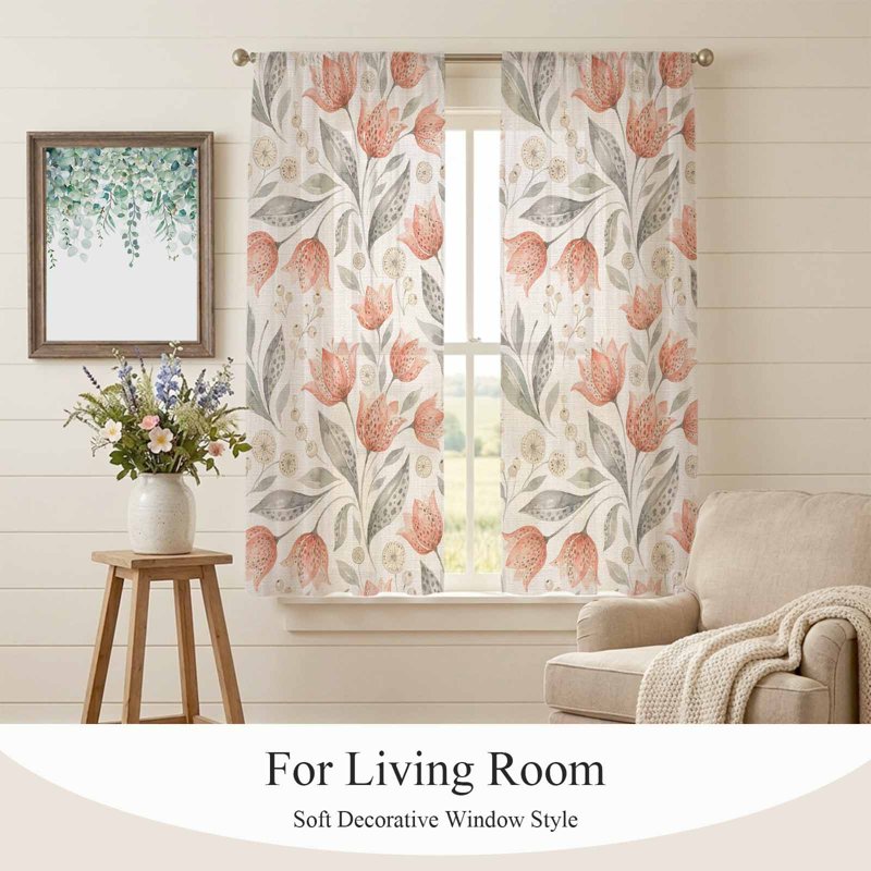 Peach Floral Sheer Curtains Set - 2 Panels, Farmhouse Botanical Window Treatment