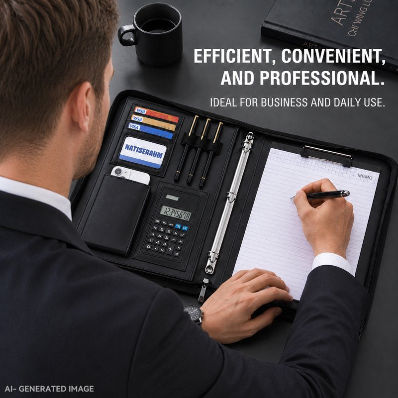 Black Leather Portfolio Binder with Zipper, 5 Dividers & Notepad - A4 3-Ring Organizer for Office & School