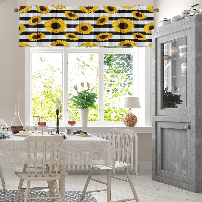 Set of 2 Sunflower Window Valances with Adjustable Rod Pocket - Summer Floral Blackout Drapes for Kitchen & Living Room