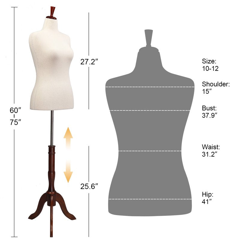 Female Dress Form Mannequin Torso with Wooden Tripod Stand Adjustable Height