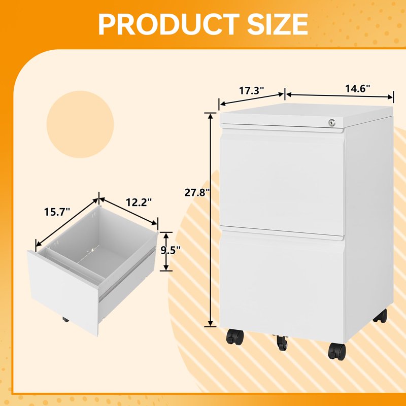 Lockable Mobile File Cabinet with 2 Drawers - Metal Under-Desk Storage for Home Office