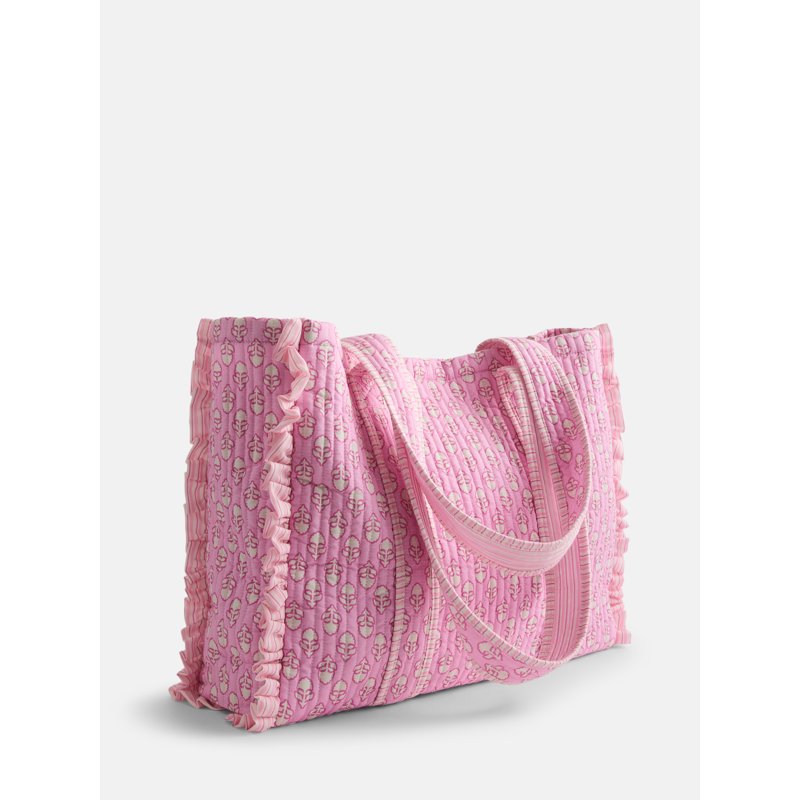 Women's Quilted Tote Bag with Allover Print & Gingham Accents