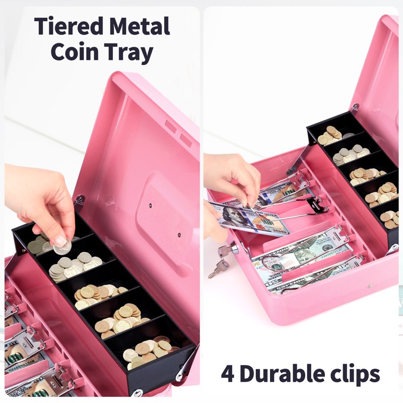 Metal Piggy Bank with Key Lock and Money Tray - Secure Cash and Jewelry, Pink & Black
