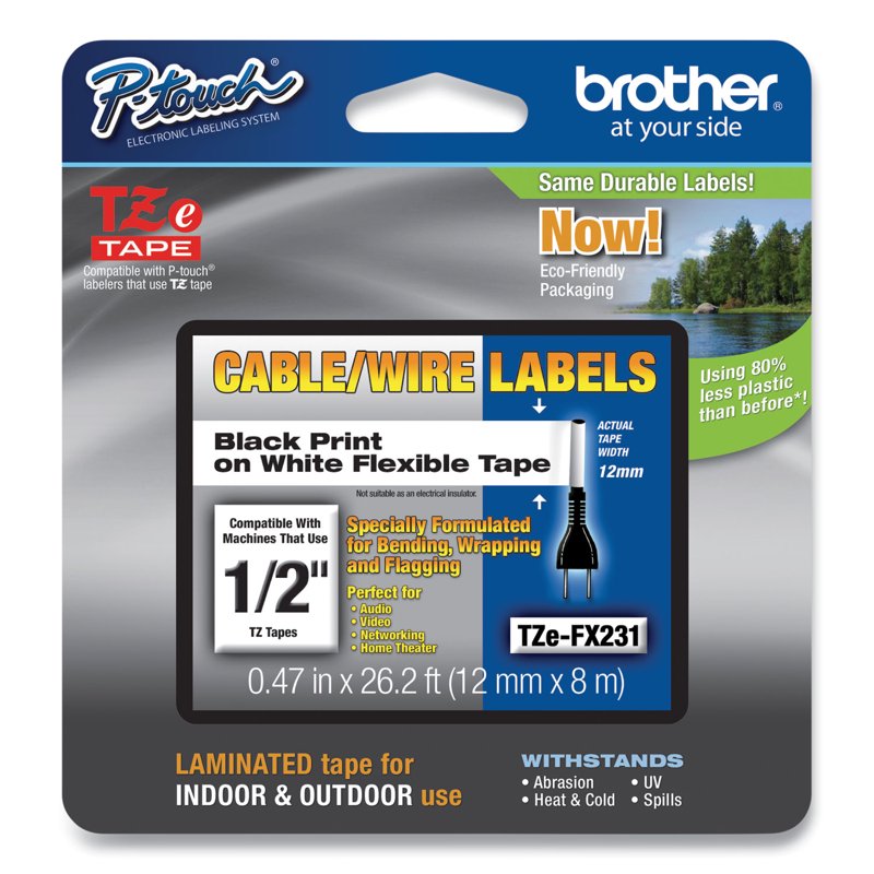 Brother TZE-FX231 Laminated Flexible Label Tape 1/2 Inch Black on White