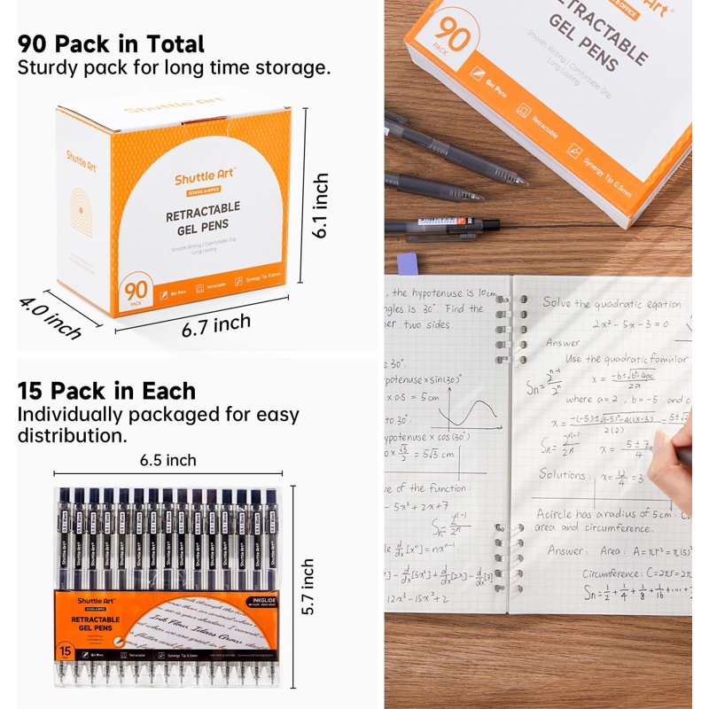 Bulk Black Gel Pens Set - 90 Retractable 0.5mm Fine Tip for Writing & Drawing