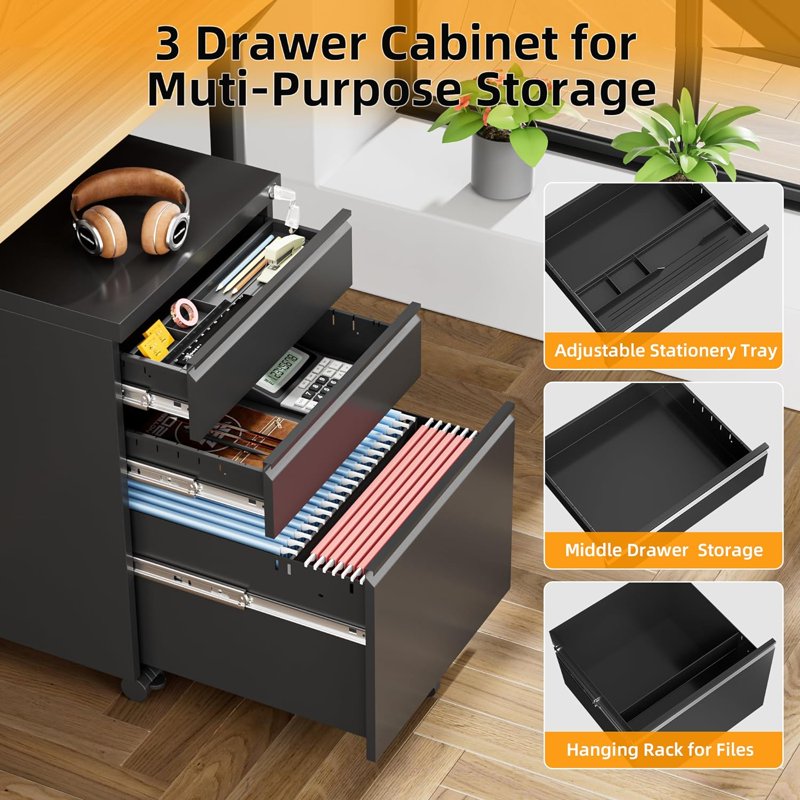 Mobile File Cabinet with Lock and Wheels - 3 Drawer Metal Storage for Office, Legal and Letter Sizes