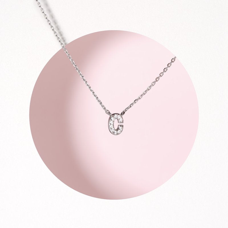 Sterling Silver CZ Initial Necklace with 18 Inch Chain for Women