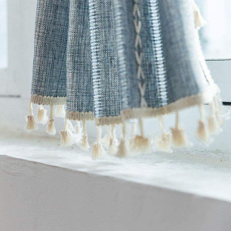 Boho Embroidered Kitchen Tier Curtains with Tassels - Farmhouse Linen Texture, Blue, 24x35 Inches