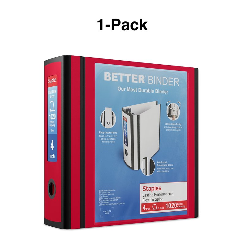 4-Inch 3-Ring View Binder - Red, Heavy Duty, Holds 1020 Sheets, 2 Pack