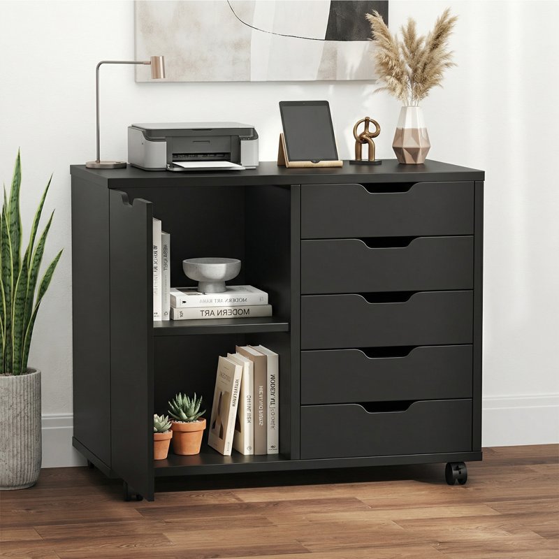 5-Drawer Wooden File Cabinet with Mobile Casters and Adjustable Shelves