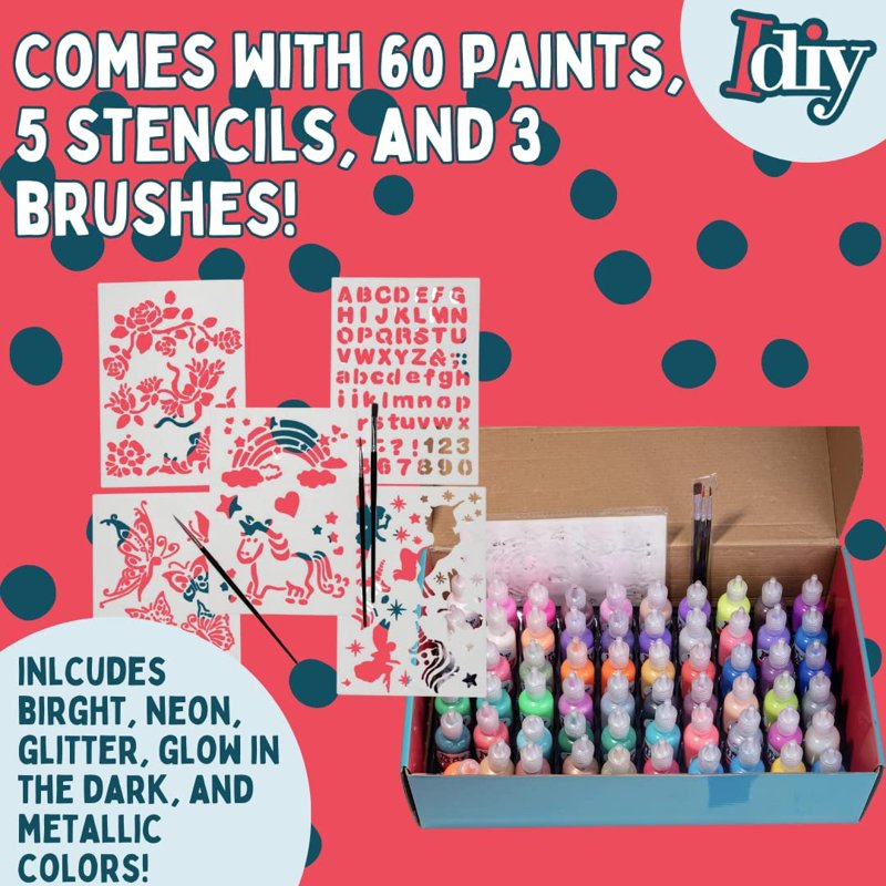 60 Color Fabric Paint Set with Glitter Neon Metallic Glow Non-Toxic Water-Based