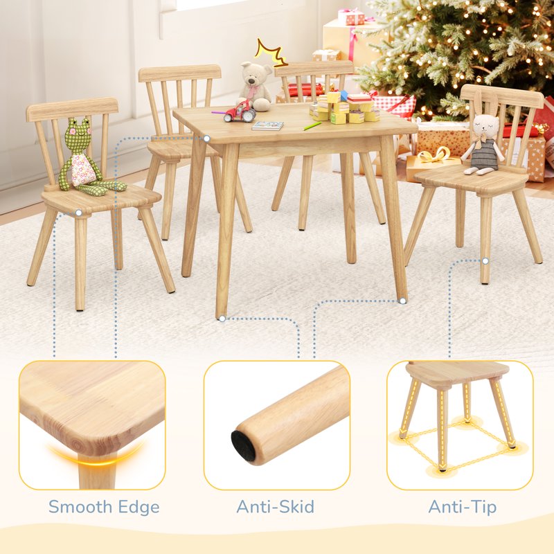 Kids Wooden Table and 4 Chairs Set - Natural Rubberwood Play Furniture with Non-Slip Legs