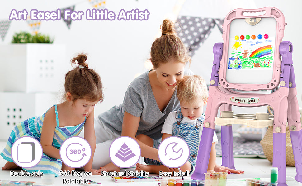 Kids Art Easel with Double-Sided Boards, Adjustable Height & Accessories - Pink