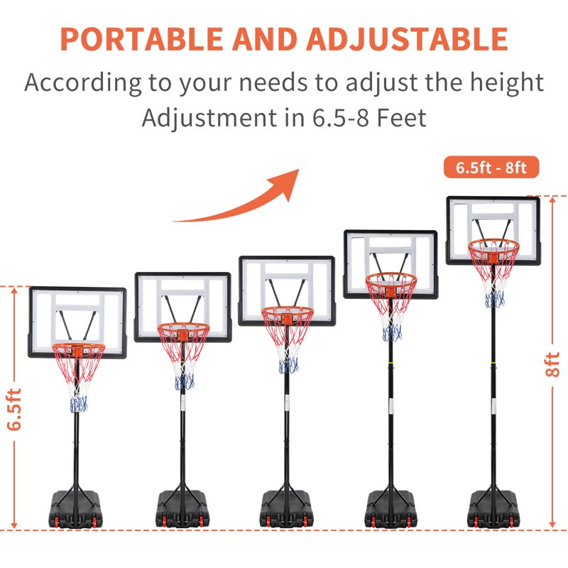 Portable Basketball Hoop System with Adjustable Height 6.5-8 ft and PVC Backboard