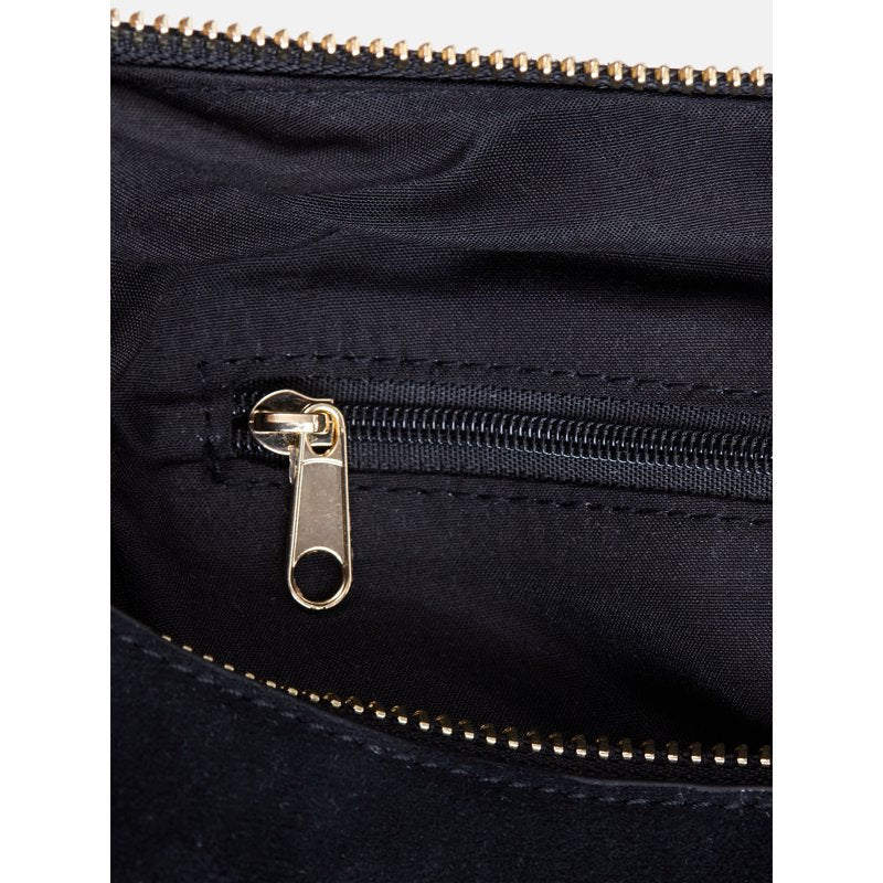 Women's Faux Suede Shoulder Bag with Zipper & Braided Strap - Black