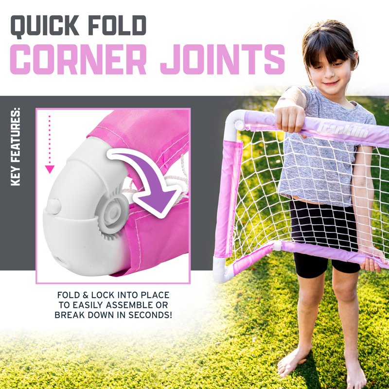 Franklin Sports Kids Mini Soccer Goal with Ball and Pump – 24x16 Folding Goal, Pink/Purple