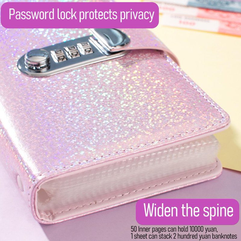 Combination Lock Cash Deposit Book - PU Leather Savings Organizer, Pink, 50 Pages