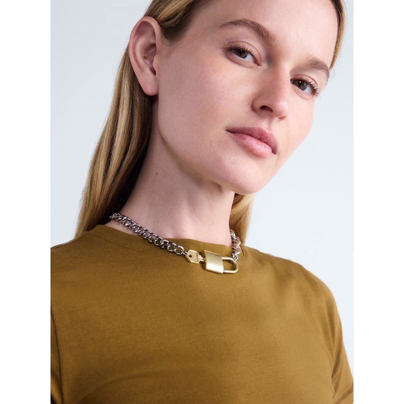 Women’s Padlock Key Necklace - Rhodium & Brass Tone Modern Jewelry